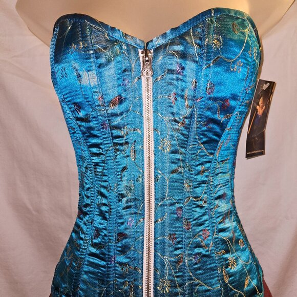 NWT Turquoise Brocade Zipper Tight Lacing Corset SMALL 22" - Picture 1 of 16